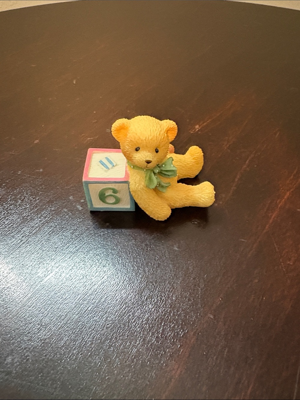 Cherished Teddies Yellow Bear Figurine with Green Bow & Pastel Number Six Block